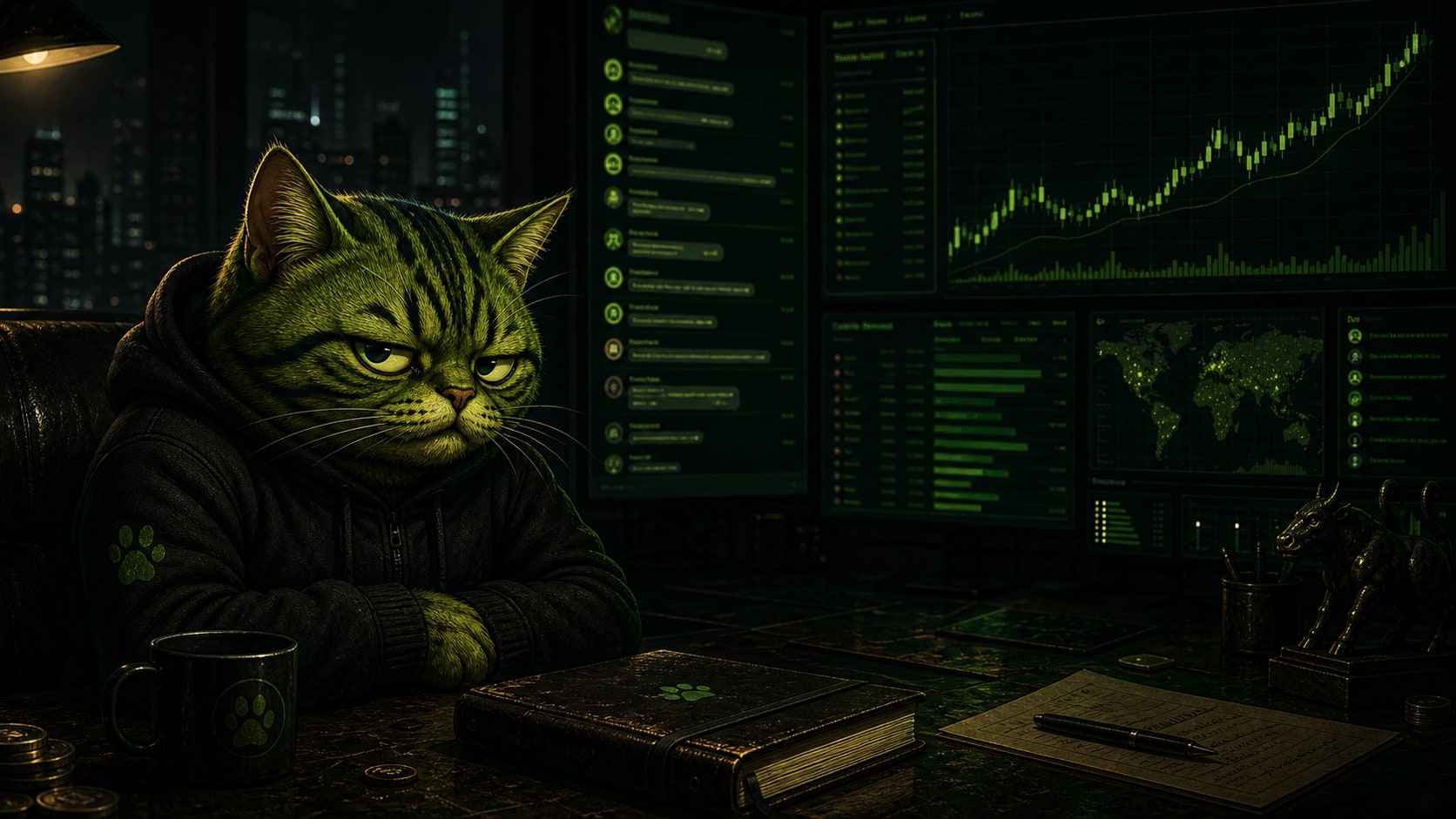 Moss, a quiet green tabby ledger cat, watching a wall of private-room receipts and market screens.