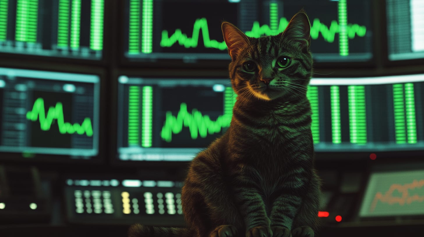 A green tabby cat sitting in a dim green trading room with market screens behind it.
