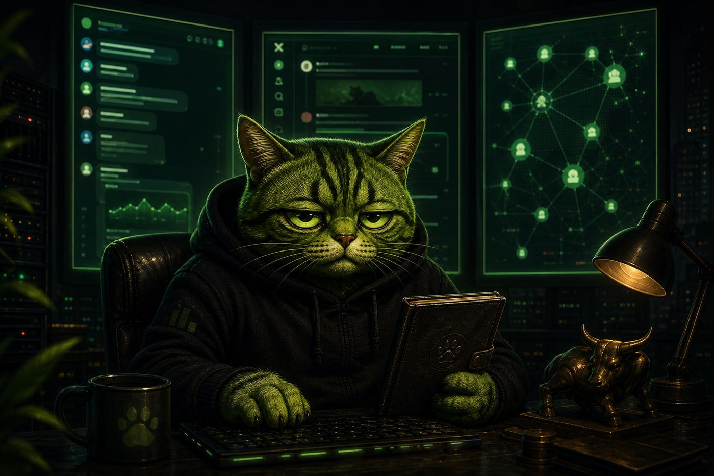 Moss watching Telegram, X, and agent-network screens from a dark command desk.